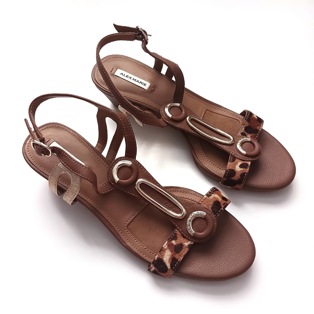 Alex Marie Leather Calf Hair Animal Print Wedge Sandals Size 7 M Brown New